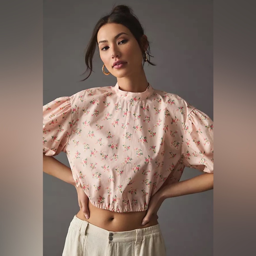 By Anthropologie Cropped Bubble-Sleeve Blouse